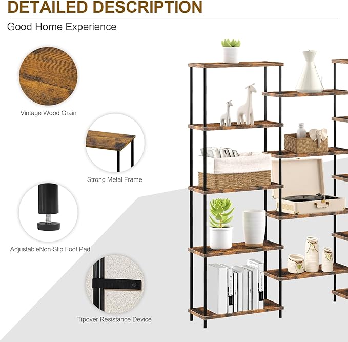 MOOACE 5 Tier Bookshelf, Industrial Style Bookcases with 14 Open Display Shelves, Open Large Storage Bookshelves Shelving with Anti-Falling Device for Bedroom,Living Room, Office Display Cabinet Brown