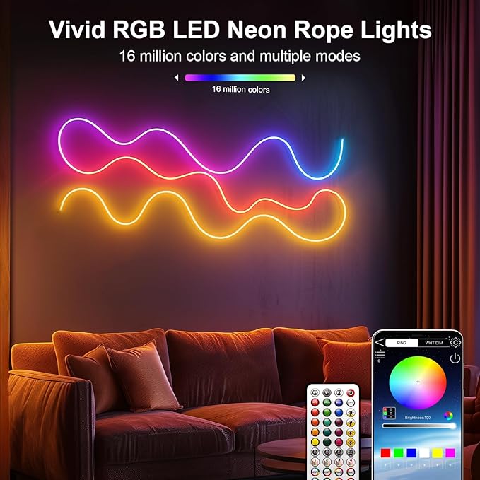 Neon Rope Lights - 16.4Ft Flexible LED Rope Lights,24V RGB Rope Lights Control with App/Remote Multiple Modes,DIY Design, IP65 Waterproof Strip Lights for Bedroom Room Outdoors Decor