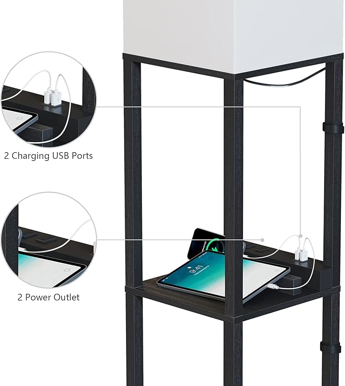 SUNMORY Shelf Lamp with Remote Control, Stepless Color Temperature & Dimmable, Floor Lamp with Shelves with 2 Usb Charging Ports and 2-Hole Socket, Solid Wood Tall Lamps for Living Room, Bedroom，Black
