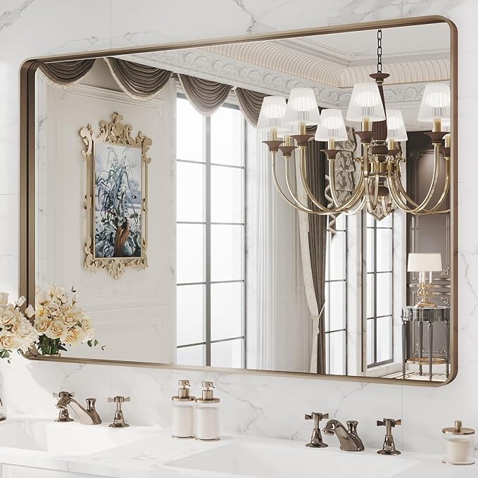 WEER Bronze Framed Modern Wall-Mounted Bathroom Mirror, 55"L x 36"W, Brushed Bronze Aluminum Frame, Shatterproof Tempered Glass, Rounded Rectangle, Horizontal/Vertical Mounting