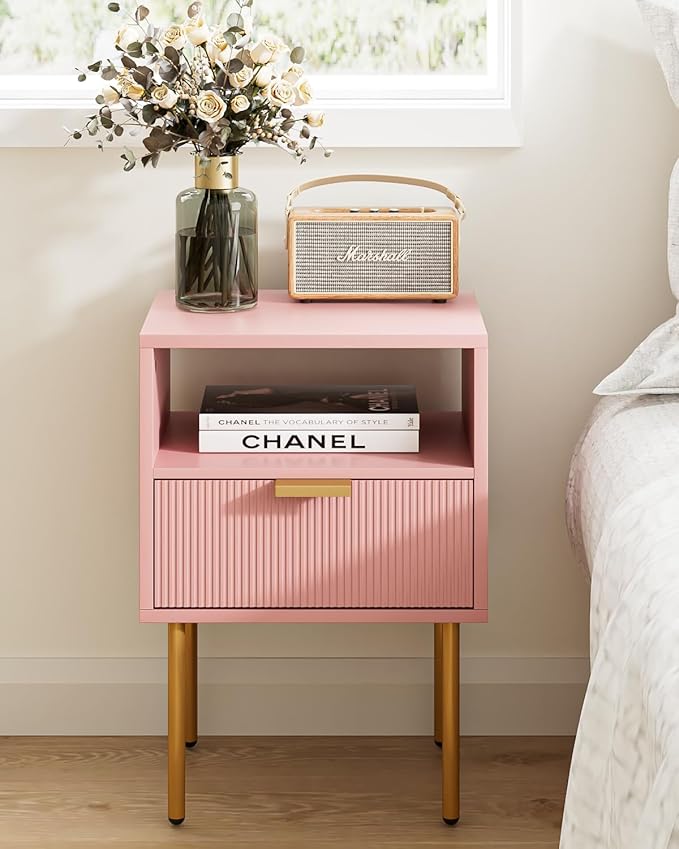 Nightstand,Morden Bedside Table with Gold Frame,Small White Night Stand,End Table,Bedside Furniture,Side Table with Drawer and Shelf for Bedroom,Living Room (1Drawer, Pink)