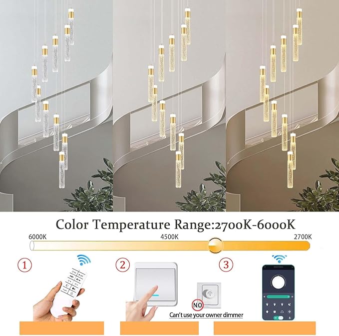 10-Lights Gold Crystal Chandeliers 110 inch Long Spiral Crystal Chandelier for High Ceiling Modern LED Foyer Ceiling Chandeliers Dimmable 3000-6000K
