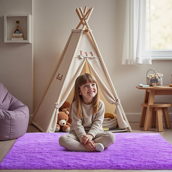 Purple Area Rugs for Bedroom Living Room, 3x5 Soft Fluffy Fuzzy Shag Plush Furry Carpet, Large Indoor Floor Mat for Kids Nursery Home Dorm Office Decor Aesthetic
