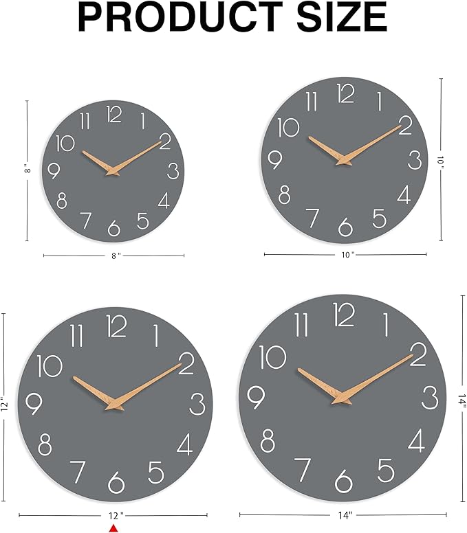 Wall Clock, 12 Inch Wooden Silent Non-Ticking, Decorative Battery Operated Wall Clocks for Bedroom, Kitchen, Home, Living Room, Office, School, Hotel (Gray)
