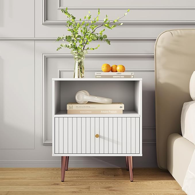White Night Stand Set 2,Modern Bedside Table with Door and Open Storage,Fluted Nightstand and Wood End Side Table with Rose Gold Metal Legs and Handles for Bedroom,Living Room,White