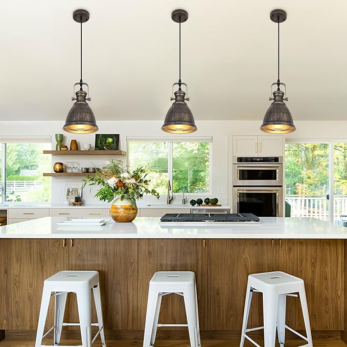 Bronze Pendant Lights Kitchen Island 3 Pack, Vintage Pendant Light, 6.5’’ Farmhouse Kitchen Light Fixtures, Adjustable Height, Pendant Lighting for Dining Room, Living Room, Sink, Bar