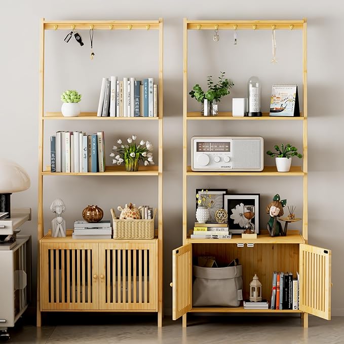 Bookcase with Drawers, 4-Tier Bamboo Bookshelf Ladder Shelf with 6 Hooks, Tall Narrow Book Shelf, 24.8"L x 10.6"W x 59.5"H, Standing Storage Organizer for Living Room, Home Office, Bedroom, Bathroom