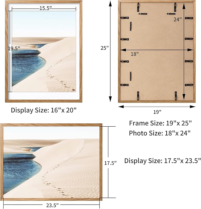 18x24 Poster Frame with Mat for 16x20, Solid Oak Wood Picture Frame with Tempered Glass, Wooden 18''x24'' Minimalist Photo Frame with Free Wall Hooks for Art Photo and Prints, Set of 2, Natural