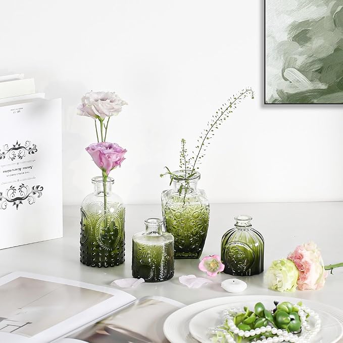 Mini Bud Vases As Wedding Centerpieces for Tables,Clear Bud Vases for Flowers,Small Flower Vases Suitable for Birthday Party,Anniversary,Wedding Reception,Baby Shower (Dark Green, 24PCS)