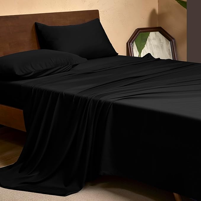 EVERLY California King Sheets Set,Luxuriously 400 Thread Count Organic Viscose Derived from Bamboo Bed Sheet,Cooling Sheets for California King Size 4 Piece Deep Pockets Bedding Sheets-Black