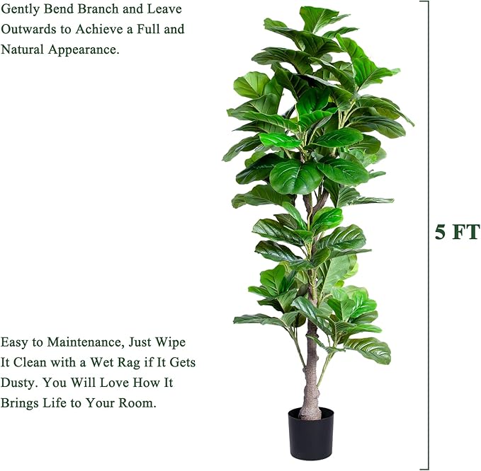 Artificial Fiddle Leaf Fig Tree Indoor, 5FT Tall Faux Tree with Natural Wood Trunk and Lifelike Leaves, Tall Artificial Plants Indoor, Fake Plants for Home, Office, Living Room Decor