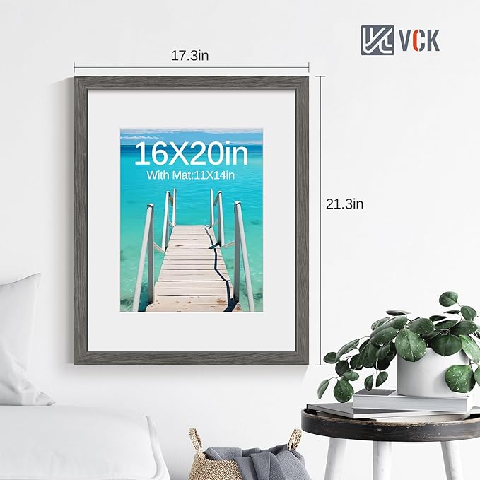 VCK 16x20 Picture Frame 5 Pack - Grey, High-End Wood Poster Frames with Tempered Glass, Display 11x14 Photo with Mat or 16x20 without Mat, Art Gallery-Quality, Wall Hanging, Grey