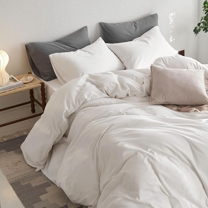MooMee Full Duvet Cover Set, 100% Washed Cotton Linen Like Twill Thick Sturdy Material Super Soft Breathable Durable Bedding for All Season, 3 Pieces (Off White, Full 80"x90")