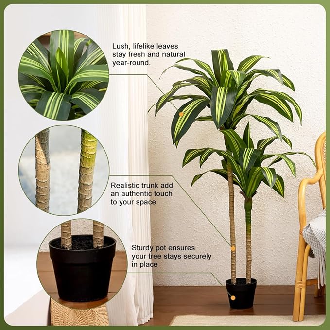 Artificial Dracaena Tree 4FT - Tall Faux Floor Plant with UV-Resistant,Artificial Plants with Lifelike Leaves,Potted Fake Trees for Home, Living Room,Indoor & Outdoor Decor,VN123(Yellow)