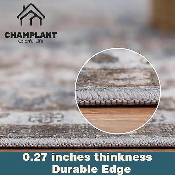 Area Rug 5'x7' Blue Khaki Washable Vintage Traditional Floor Cover Thin Retro Kitchen Indoor Distressed Non Slip Carpet Floral Print Mat for Living Room Bedroom Dining Room