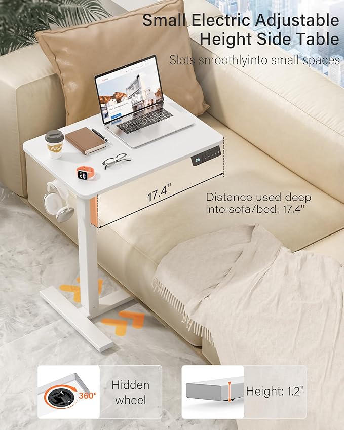 Mobile Standing Desk with Wheels - Electric Height Adjustable Small Movable Laptop Desk, Portable Rolling Computer Workstation Sit Stand Table for Home Office, Sofa & Bedside Use (23.6", White)