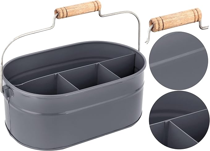 Alpha Living Home Silverware Caddy with Handle, Mulip-pose Organizer for Kitchen, Farmhouse Caddy Organizer - 4-Compartment Iron & Wood Handle Cutlery Holder, Office & Bathroom Storage, Grey