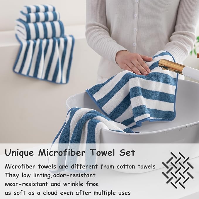 18 Pcs Navy Cabana Stripe Family Towels Set with Hanging Loop-6 Bath Sheets,6 Hand Towels,6 Washcloths Ultra Soft Bathroom Towel Highly Absorbent Quick Dry Shower Towel for Beach Chair,Spa,Gym,Hotel