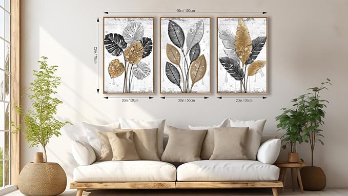 Large Framed Canvas Wall Art - Natural Float Framed Black Brown Gray Leaf Pattern Pictures Decor Rustic Foliage Plants Artwork for Living Room Bedroom Kitchen Home Office Decoration 60" X 28" Set of 3