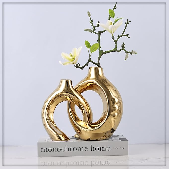 Gold Home Decor Ceramic Vase, Round Vase with Holes Set of 2, Suitable for Wedding Entrance Decoration, Bookshelf, Mantel, Unique Home Decor (Gold)
