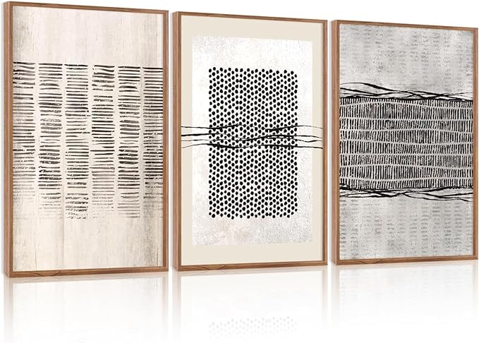 Large Abstract Black and Beige Framed Canvas Wall Art,Minimalist Geometric Lines Wall Decor,Cozy Neutral Shapes Artwork,Modern Lines Dots Art Print for Living Room,Bedroom,Office-24 x36 x3