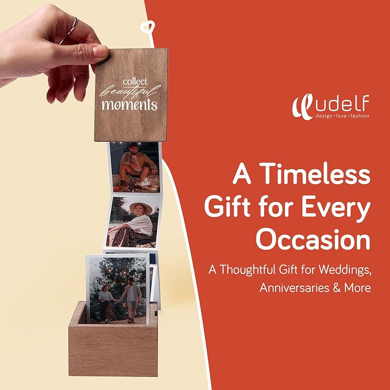 Personalized Wooden Photo Box Gift with Accordion Picture Pull Out | Custom Photo Album Box | Personalized Photo Box Gift for Any Occasion, Picture Box Gift I 14 Photo Prints, 3"x2" (Moments-Vertical)