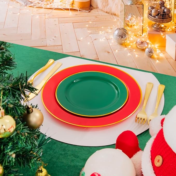 SUT 350pcs Green and Red Plastic Plates For 50 Guests, Plates Disposable Heavy Duty, Plastic Plates Disposable, Party Plates And Cups And Napkins Sets, Disposable Plates for Party and Wedding