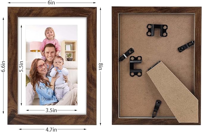 Giftgarden Brown 4x6 Picture Frame Set of 4, 5x7 Frame Matted to 4x6 Photo Rustic Walnut Frames with Mat for Wall or Tabletop Display