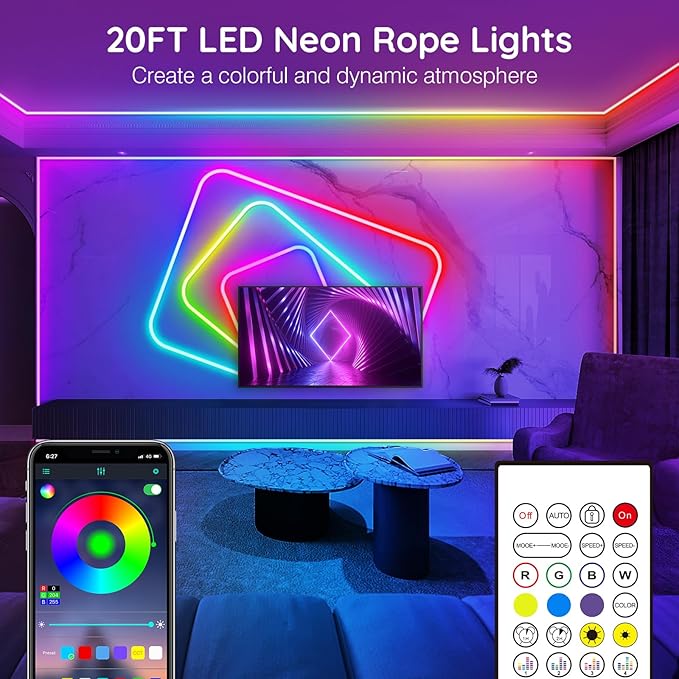 AILBTON 20FT Led Neon Rope Lights Control with App/Remote,Flexible Led Rope Light,Multiple Modes,IP65 Outdoor RGB Lights Waterproof,Music Sync Gaming Led Neon Strip Light for Bedroom Decor (20FT)