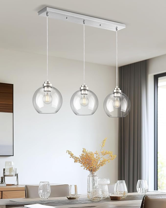 3-Light Globe Island Light, Linear Chandelier with Brushed Nickel Finish, Clear Glass Pendant Light Fixture for Dining Room Kitchen Island Living Room Pool Table, ZCPL101BN-3S