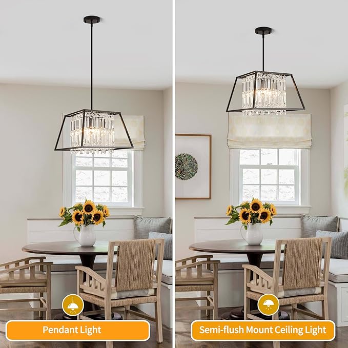Crystal Chandeleir, Black 4 Lighting Dining Room Chandelier Light Fixture, Modern FarmhouseSquare Metal Pendant Light for Kitchen Island, Entryway,E12 Bulb,15.75"