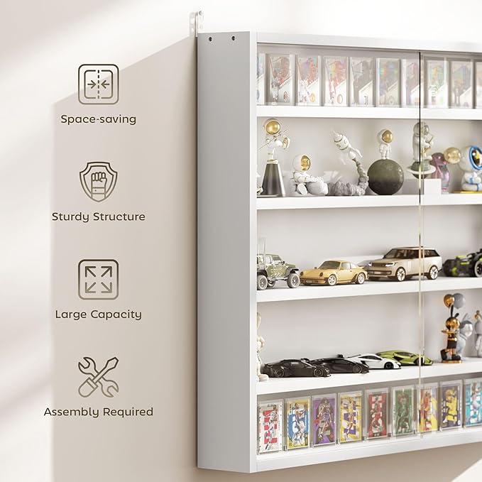 HOMCOM 5-Tier Display Cabinet, Glass Door Cabinet with Adjustable Shelves, Wall-Mounted Display Case for Playroom, Bedroom, White