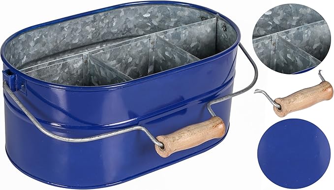 Alpha Living Home 4-Section Galvanized Utensil Caddy - Farmhouse Organizer with 4 Compartments and Wooden Handle - Versatile Storage for Kitchen, Outdoor & Party Essentials (Blue)