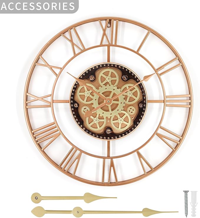 24 Inch Large Wall Clocks for Living Room Decor with Moving Gears,Large Wall Clock Industrial Steampunk,Oversized Metal Analog Wall Clocks for Farmhouse Home Battery Operated
