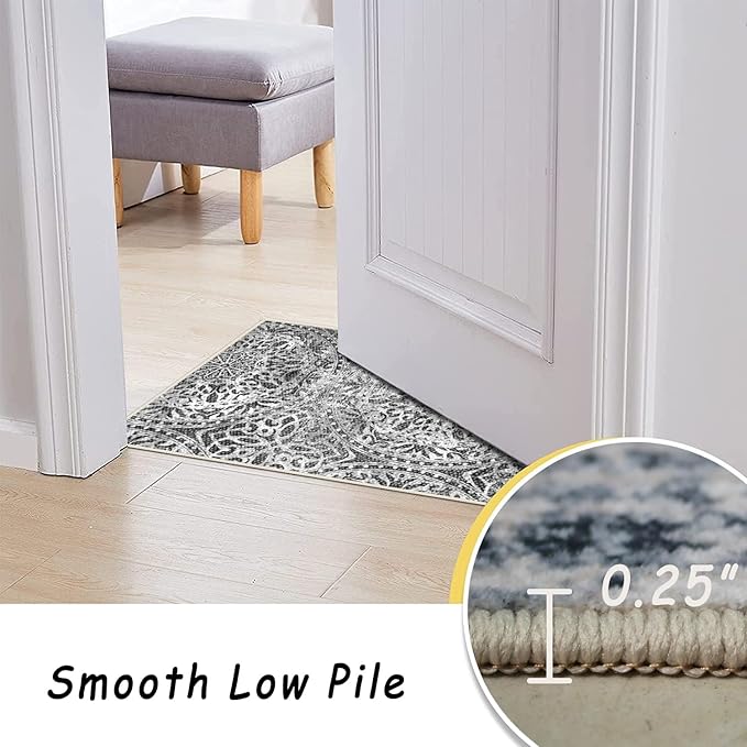 vivorug Runner Rug 2'x8' Machine Washable Non-Slip Runners for Hallways Kitchen Entryway Laundry Room Vintage Medallion Carpet Hallway Runner Grey