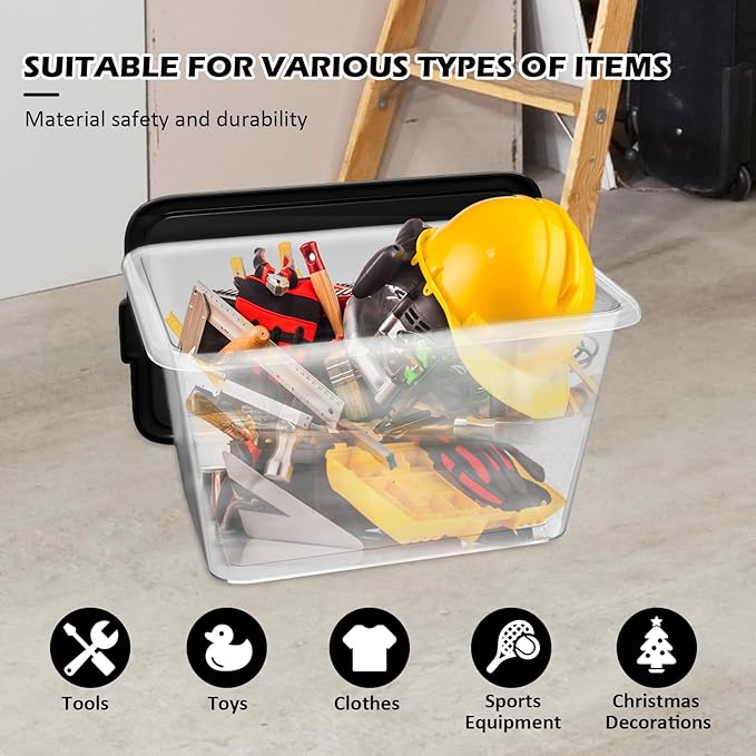 Storage Totes with Lids - Made in USA 14.5-Gallon (58-Quart) 4-Pack storage bins with lids plastic storage containers large storage boxes for Organizer Black/Clear