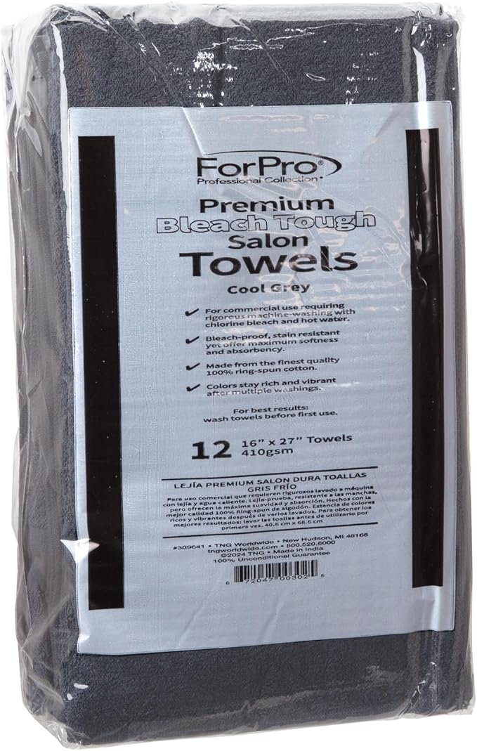 ForPro Premium Bleach Tough Salon Towels, Cool Grey, 100% Cotton, Bleach-Proof Towels, Stain Resistant, 16” W x 27” L, 12-Count