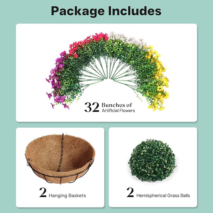 2 Set Outdoor Artificial Hanging Baskets, 32 Pcs Artificial Flowers Hanging Planters for Spring Summer Front Porch Patio Yard Garden Home Decor (Purple, Yellow, Hot Pink, Creamy White)