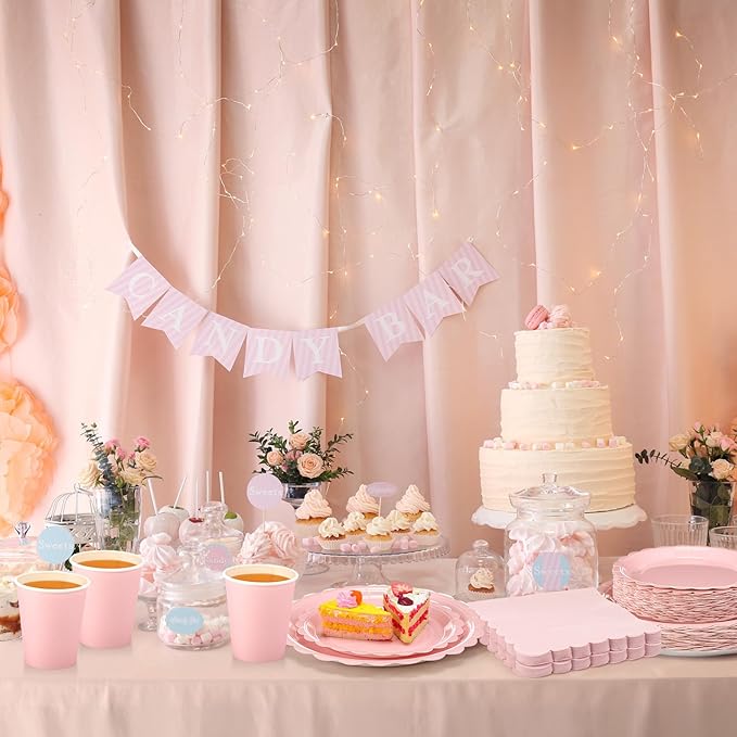 350 Pcs Light Pink Plates and Napkins, 50 Guest Spring Party Supplies Include Scalloped Paper Plates Napkins Cups Plastic Spoons Forks Knives Disposable Tableware Set for Baby Shower