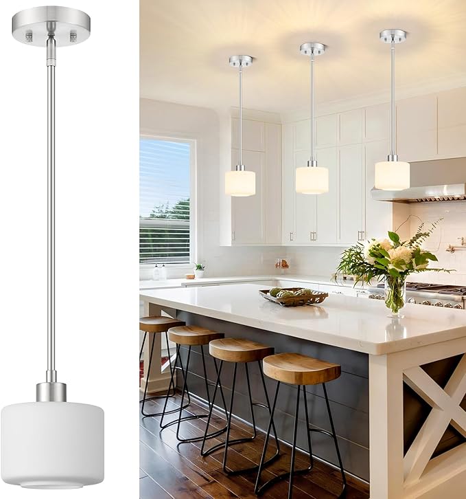 Brushed Nickel Pendant Lights Kitchen Island, 1-Light Modern Milk Glass Hanging Light Fixtures with Rods, Mini Kitchen Pendant Lighting Over Island for Sink Bathroom, OS-YQ8153-1PBN