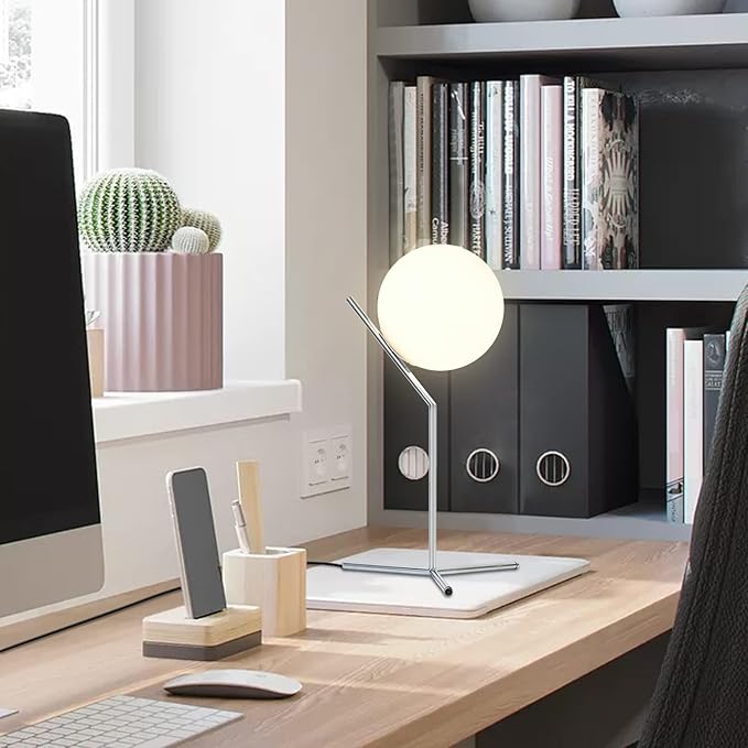 BOKT Modern Chrome Metal Globe Table Lamp Contemporary Milk White Glass Reading Lamp 1-Light E26 Table Standing Lamp Home Decor Glass Ball Iron Lighting Fixture for Bedside Hotel Shop Office Gifts