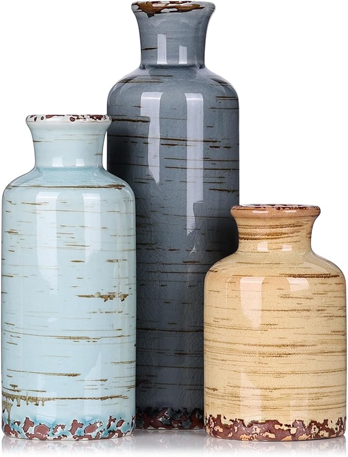 Ceramic Vase Set of 3, Small Flower Vases Home Decor, Modern Rustic Farmhouse Pottery Vases for Centerpieces, Living Room, Kitchen, Shelf, Bedroom, Bathroom, Fireplace, Table Shelf and Entryway Decor