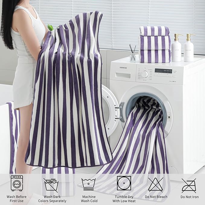 18 Pcs Purple Cabana Stripe Family Towels Set with Hanging Loop-6 Bath Sheets,6 Hand Towels,6 Washcloths Ultra Soft Bathroom Towel Highly Absorbent Quick Dry Shower Towel for Beach Chair,Spa,Gym,Hotel