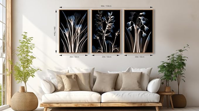 Large Modern Framed Wall Art - Natural Float Framed Blue Brown Flowers Black Canvas Pictures Decor Abstract Botanical Artwork for Living Room Bedroom Kitchen Home Office Decoration 60" X 28" Set of 3