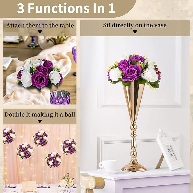 Pcs of 10 Fake Flower Ball Arrangement Bouquet,15 Heads Plastic Roses with Base, Suitable for Our Store's Wedding Centerpiece Flower Rack for Parties Valentine's Day Home Décor (Purple & White)