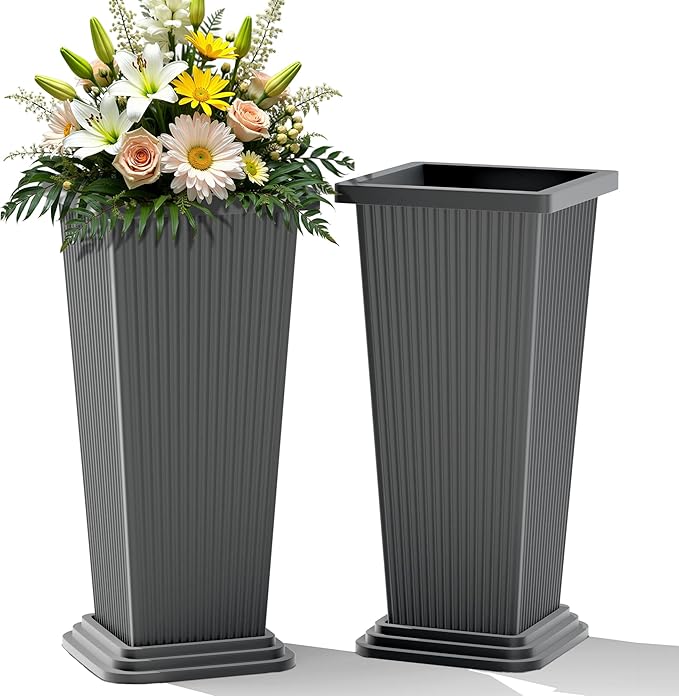 24-Inch Tall Planters Set of 2 for Outdoor and Indoor Use,Tapered Flower Pots with Drainage Tray, Front Porch and Patio Decor,Ideal for Large Plants (Stripes-Grey)