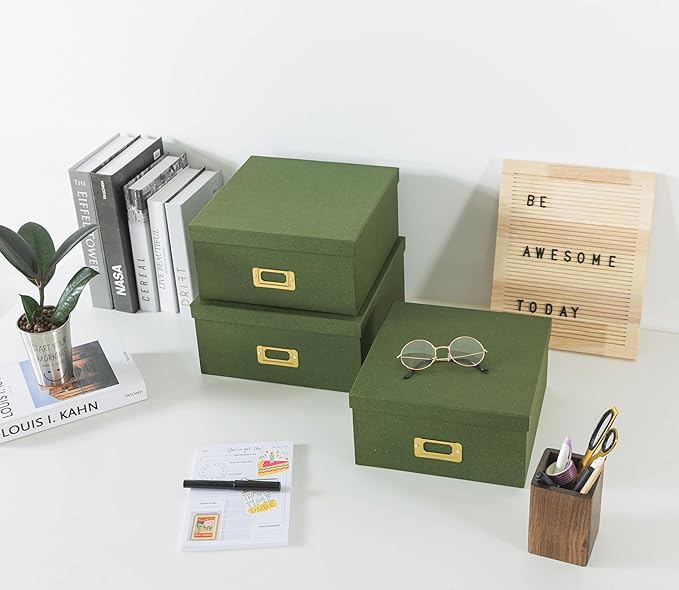 Soul & Lane Green Kraft Paper Boxes for Storage - Set of 3 Square Stacking Boxes with Lids and Gold Label Holders, Decorative Photo Storage, Nesting Cardboard Set for Decor and Organizing