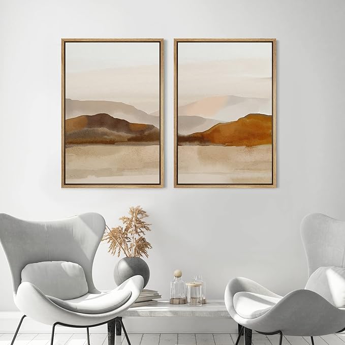 MUDECOR Framed Canvas Print Wall Art Pastel Brown Mountain Range Ocean Lake Wilderness Nature Illustrations Modern Art Decorative Calm/Relax Multicolor Rustic Minimal for Bedroom - 16"x24"x2 Natural
