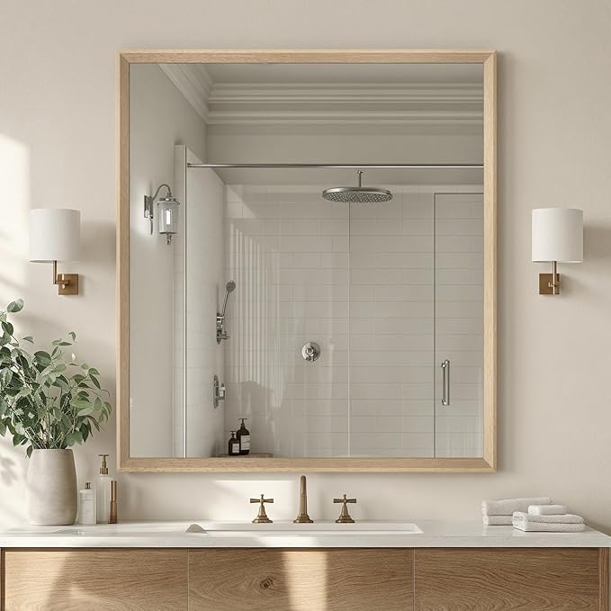 Oak Wood Effect Framed Wall Mirror, 36x40 Rectangle Mirror, 1/8" Anti-desilvering Tempered Glass, Sustainable& Sturdy Frame, Anti-Rust, HD Reflection &3min Fast Setup for Bathroom Living Room