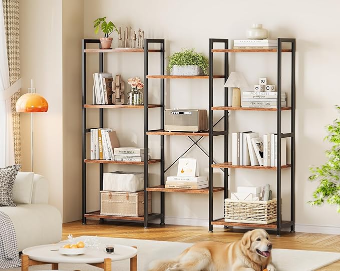 Casaottima Triple 4 Tier Bookshelf, Large Bookcase with 11 Open Display Shelves, Modern Industrial Book Shelves Book Case for Bedroom, Wide Standing Shelving Unit for Living Room Home Office, Vintage